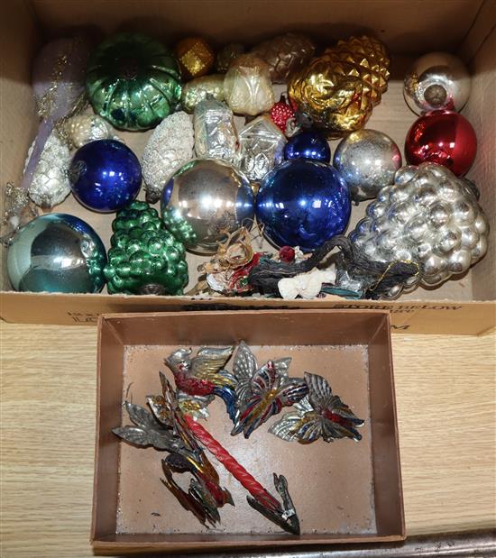 Mixed 1950s and later glass christmas tree decorations, three baubles and metal candle holders